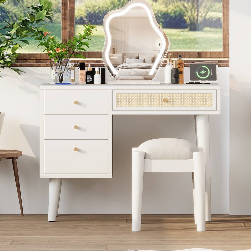 39" Retro Bohemian Style Wooden Makeup Vanity Set with Charging Plug & USB Port and Stool