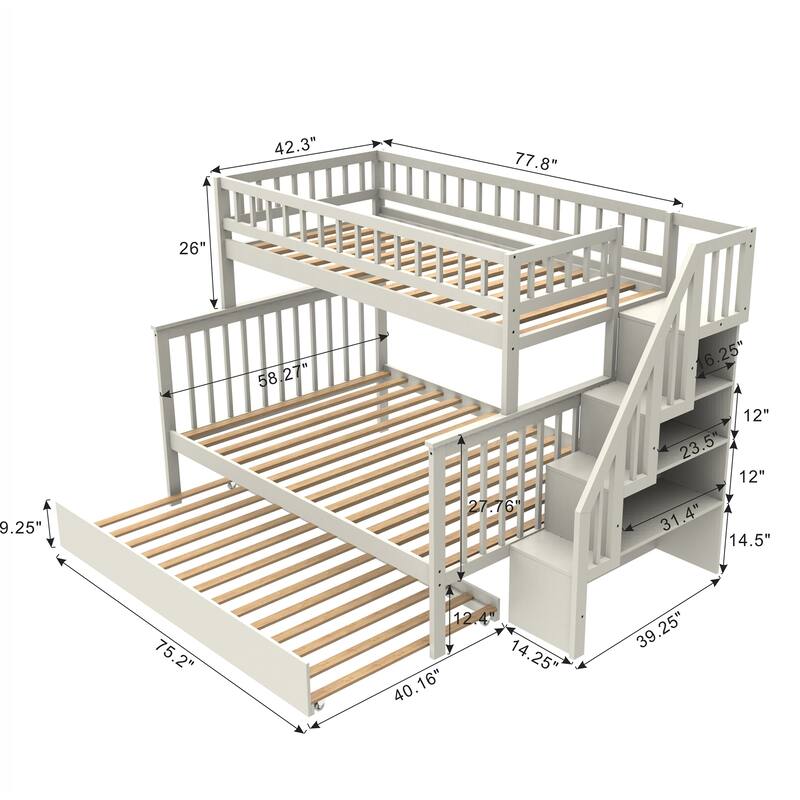 Cream Twin over Full Stairway Bunk Bed with Trundle and Storage