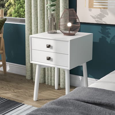 DH BASIC Mid-Century Modern Wood 2-Drawer Compact Nightstand Side Table by Denhour