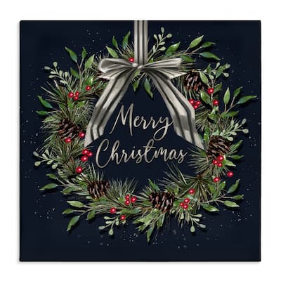 Stupell Hanging Christmas Wreath with Bow Canvas Wall Art Design By Elizabeth Tyndall