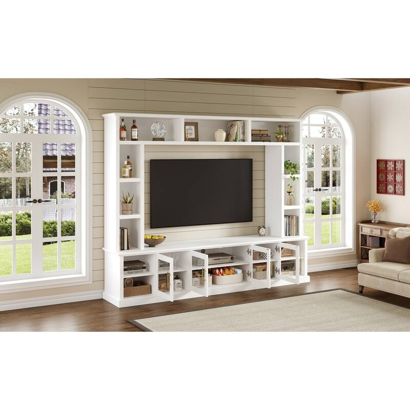 Entertainment Center Wall Unit for TVs up to 80", All-in-One TV Stand Glass Doors Storage Cabinet Bookcase Wine Rack