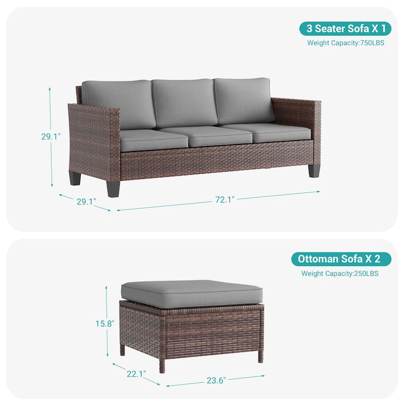 BONOSUKI 3-Piece Patio Sofa Set Brown Rattan Furniture with Ottomans