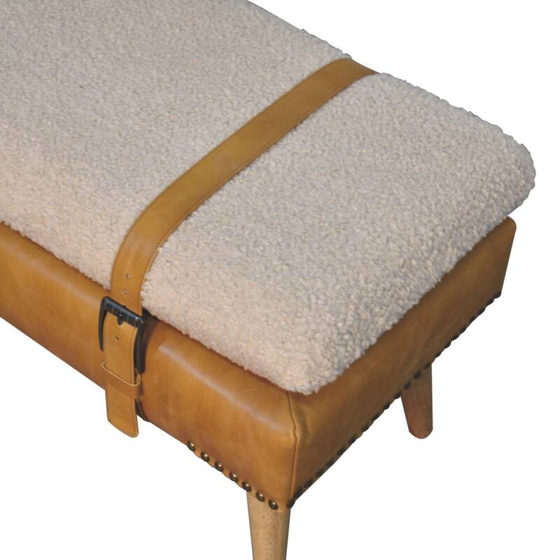 Artisan Furniture Solid Wood Bouclé Buffalo Hide Tan Leather Bench