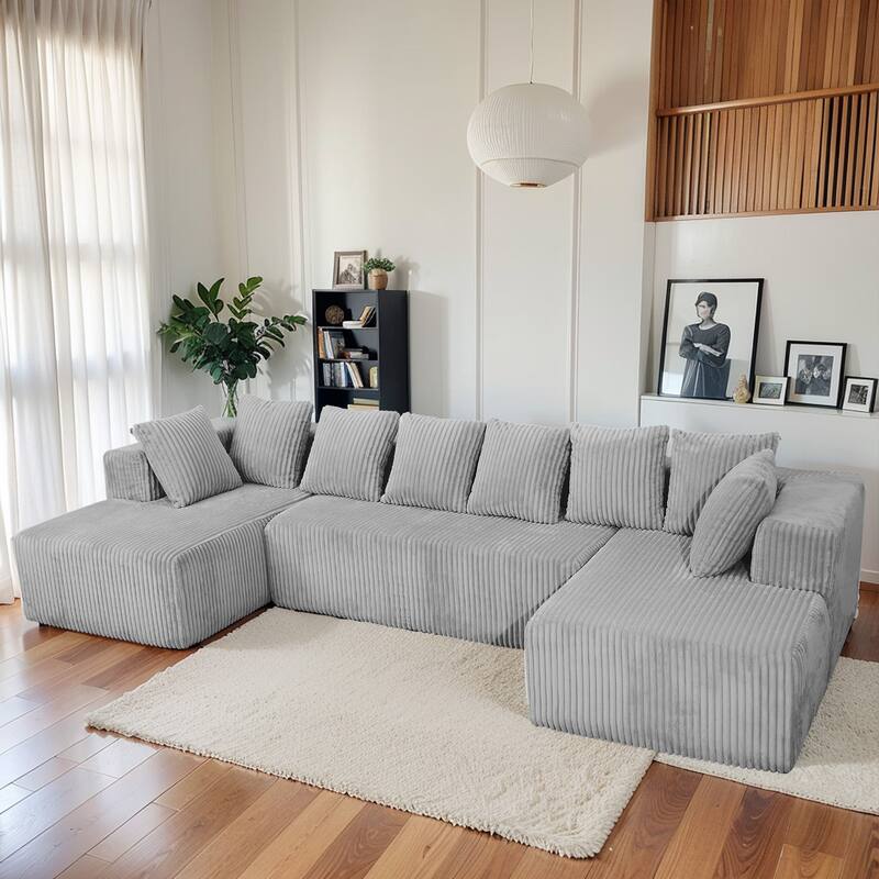 Modular U-Shaped Sectional Sofa,130-inch 4-Seater Chaise Lounge with Reversible Design, Striped Corduroy Fabric in Gray - Grey