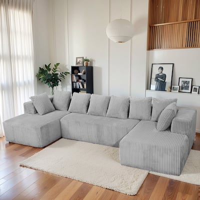 Modular U-Shaped Sectional Sofa,130-inch 4-Seater Chaise Lounge with Reversible Design, Striped Corduroy Fabric in Gray