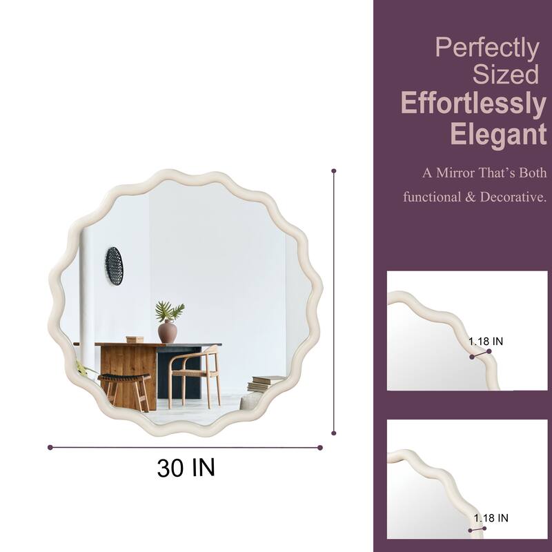 GDFStudio - Primeva Organic Wavy Round Solid Wood Decorative Wall Mirror with Sculptural Frame Design