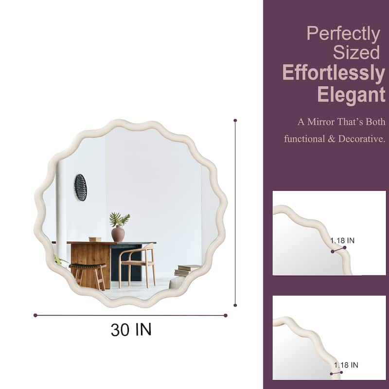White Wavy Round Solid Wood Decorative Mirror - Bedroom, Bathroom, Living Room, Entryway