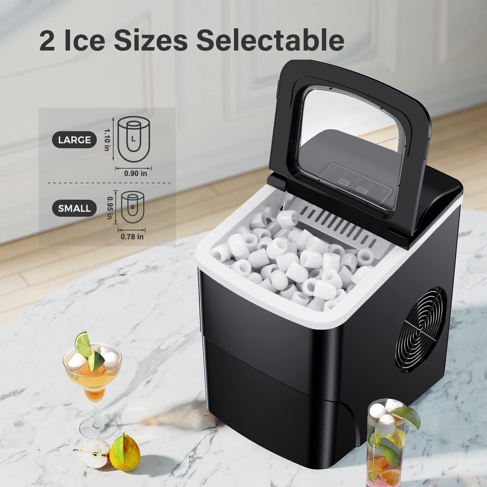 Countertop Ice Maker Machine, Portable Compact Ice Cube Maker - 14.96D x 13.86W x 9.84H - Black
