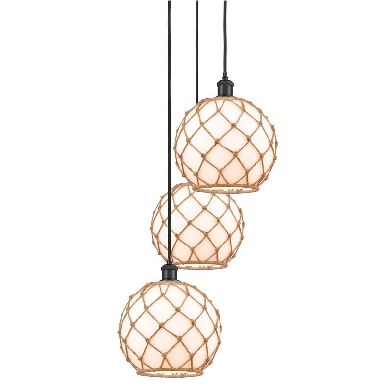 Innovations Lighting 113B-3P-37-17 Farmhouse Rope Pendant Farmhouse - Matte Black / White Glass with Brown Rope