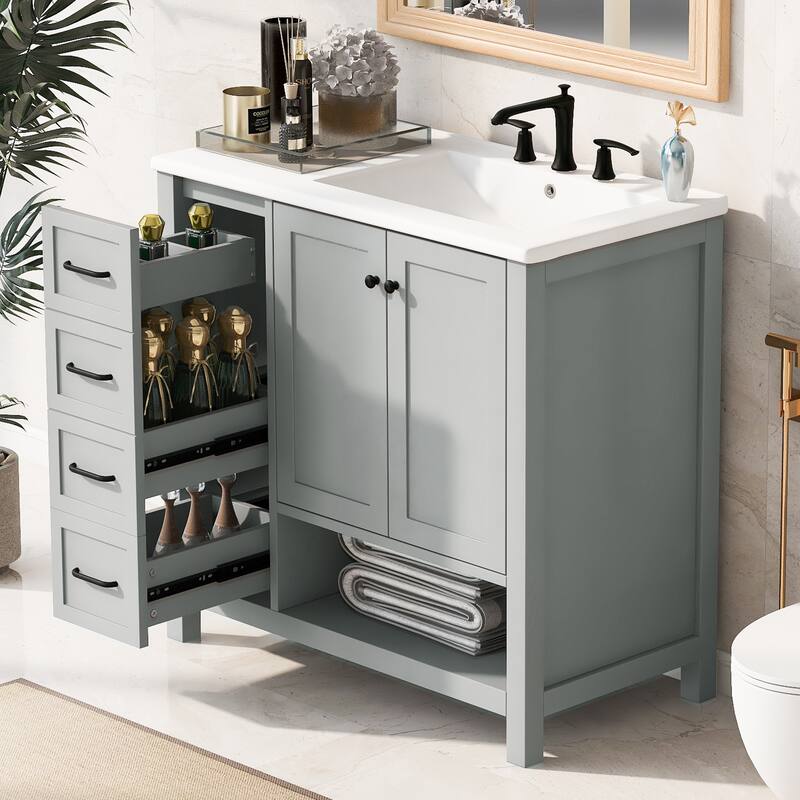 Freestanding Storage Cabinet Bathroom Vanity with Drop-In Sink, Ceramic Top, 2 Doors, 2 Drawers and Open Shelf