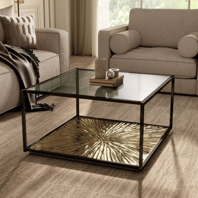 247 Shop At Home Aureum Modern 1-Shelf Coffee Table with Sunburst Base and Tempered Glass Top - Antique Gold & Black