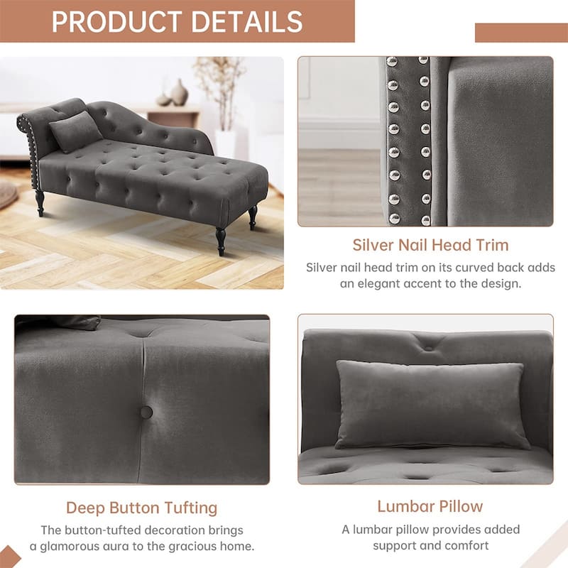 60"W Velvet Chaise Lounge, Tufted with Pillow & Nailhead Decorate - 60.6W" x 27.5D" x 28.3"H