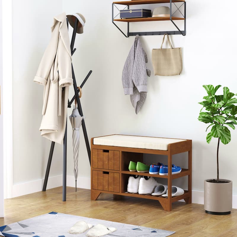 HOMCOM Shoe Cabinet, Wooden Storage Bench with Cushion, Coffee