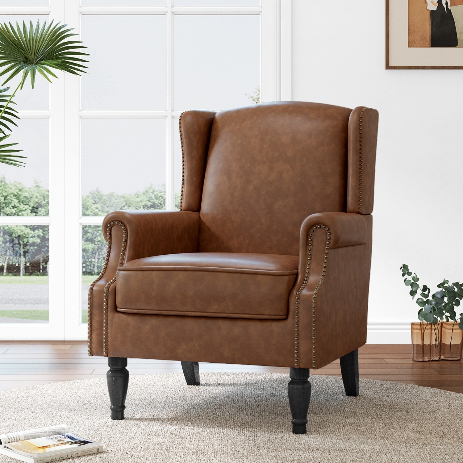 Mid-Century Modern Linen/ Vegan Leather Wing Back Accent Chair