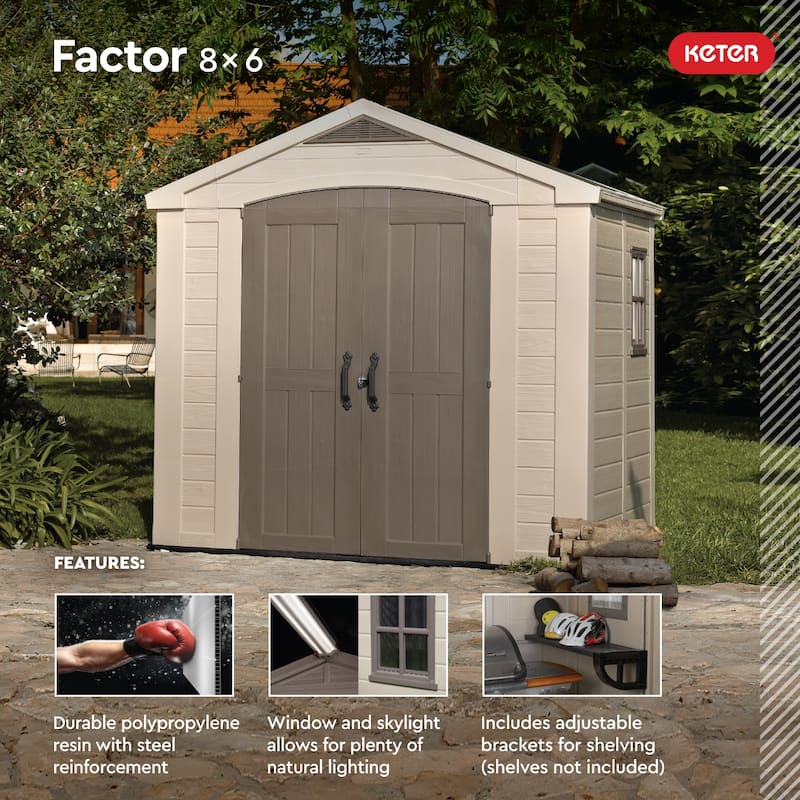 Keter Factor 8x6 ft. Resin Outdoor Storage Shed With Floor for Patio Furniture and Tools, Brown