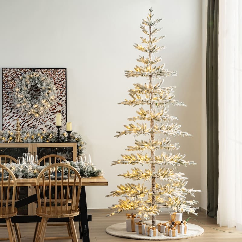 Glitzhome 6ft/7ft/9ft Deluxe Pre-Lit Flocked Slim Fir Artificial Christmas Tree with Warm White Lights