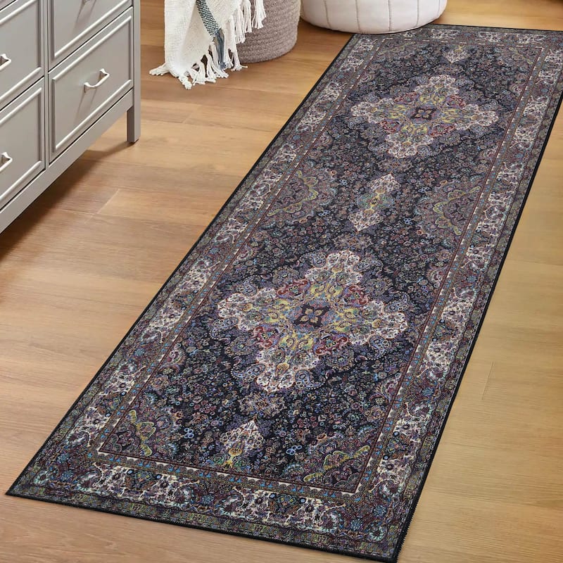 Superior Flamingo Medallion Machine Washable Indoor Area Rug or Runner - 2' 7" x 8' - Black
