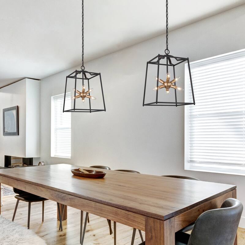 Alestair 6-Light Modern Chandelier Black Brass LED Cage Lantern Sputnik Starburst Foyer Pendant Light