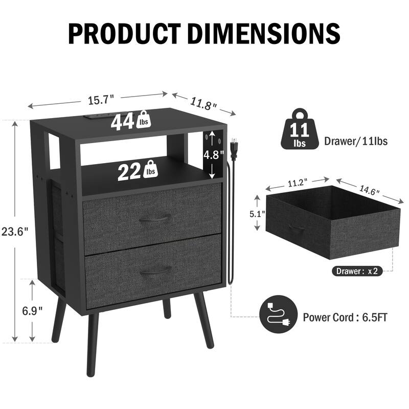 2 Pack Modern LED Nightstand with Charging Station and Fabric Drawers