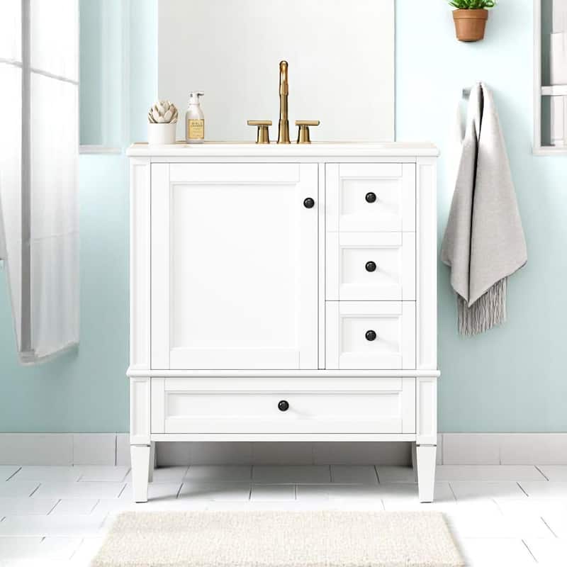 30 Inch Bathroom Vanity with Sink, Solid Wood and MDF Cabinet with 3 Drawers, Porcelain Countertop, Modern Style - White