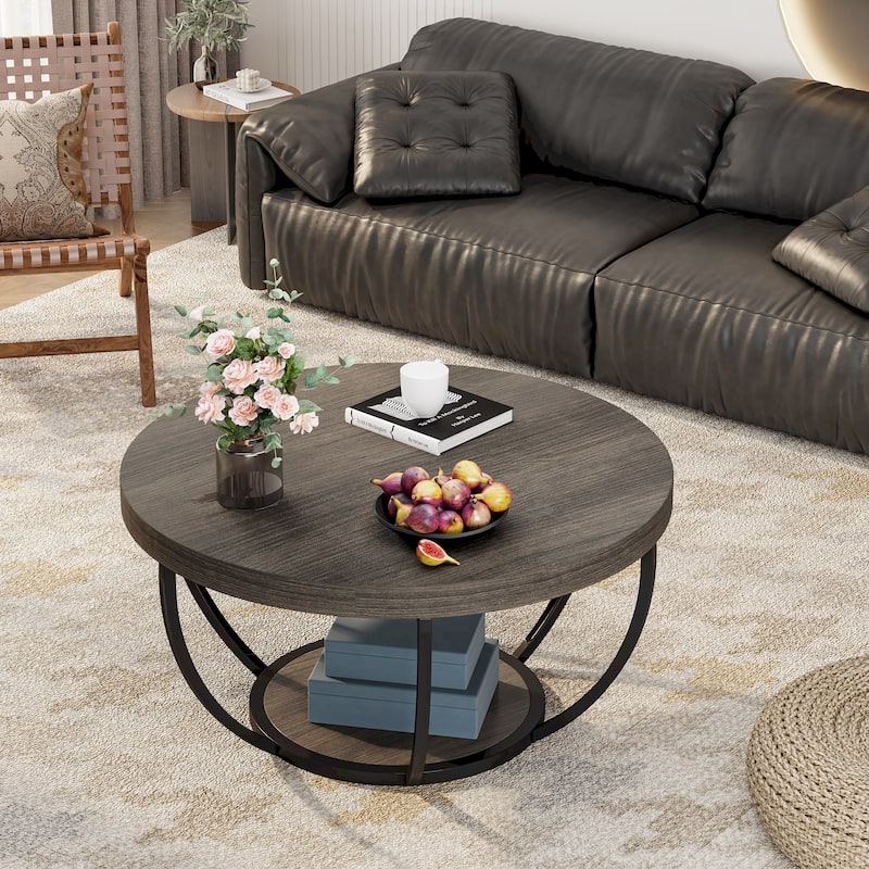 31.7" Round Coffee Table, Modern 2-Tier Center Table Sofa Side Table