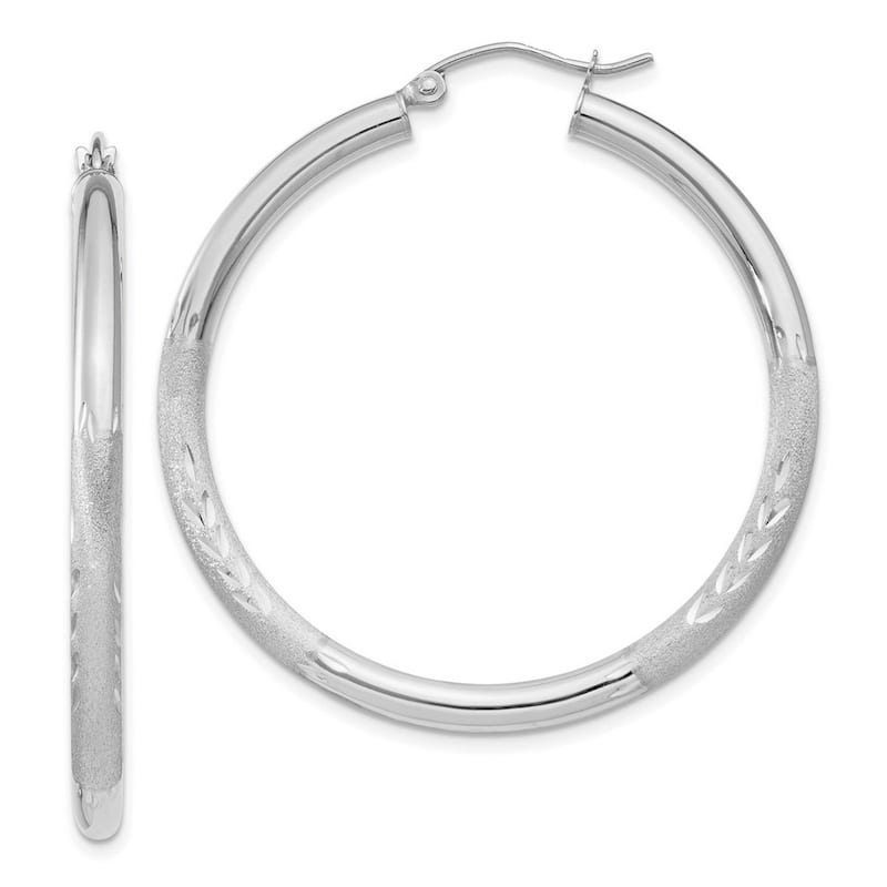 Curata 10k White Gold 3mm Satin and Diamond Cut Round Hoop Earrings - 14mm 16mm 20mm 25mm 30mm 35mm 40mm