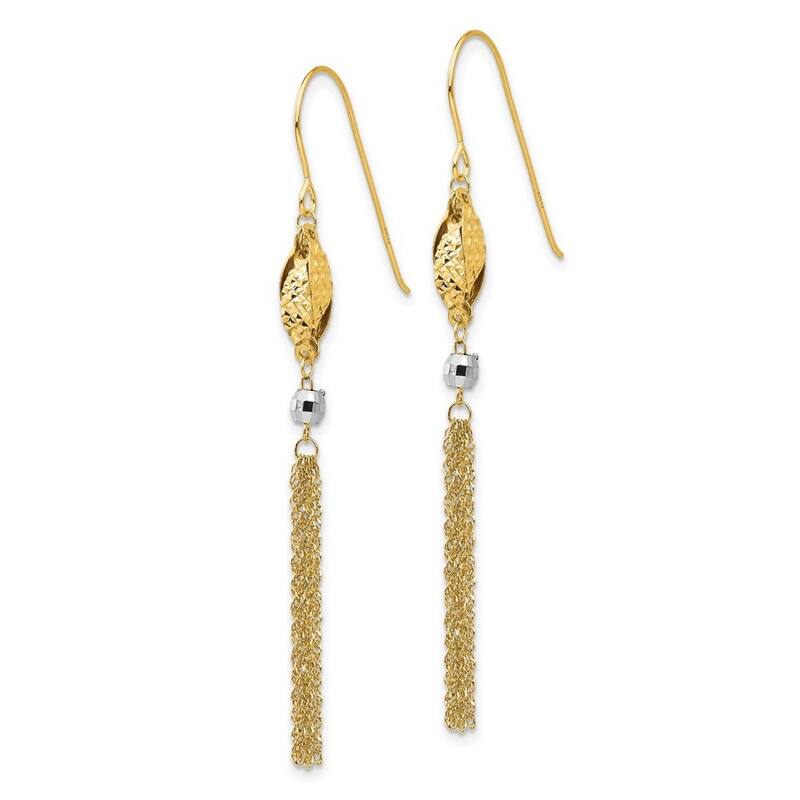 Curata 14k Two-Tone Gold 55x5mm Tassel Bead Dangle Hook Earrings
