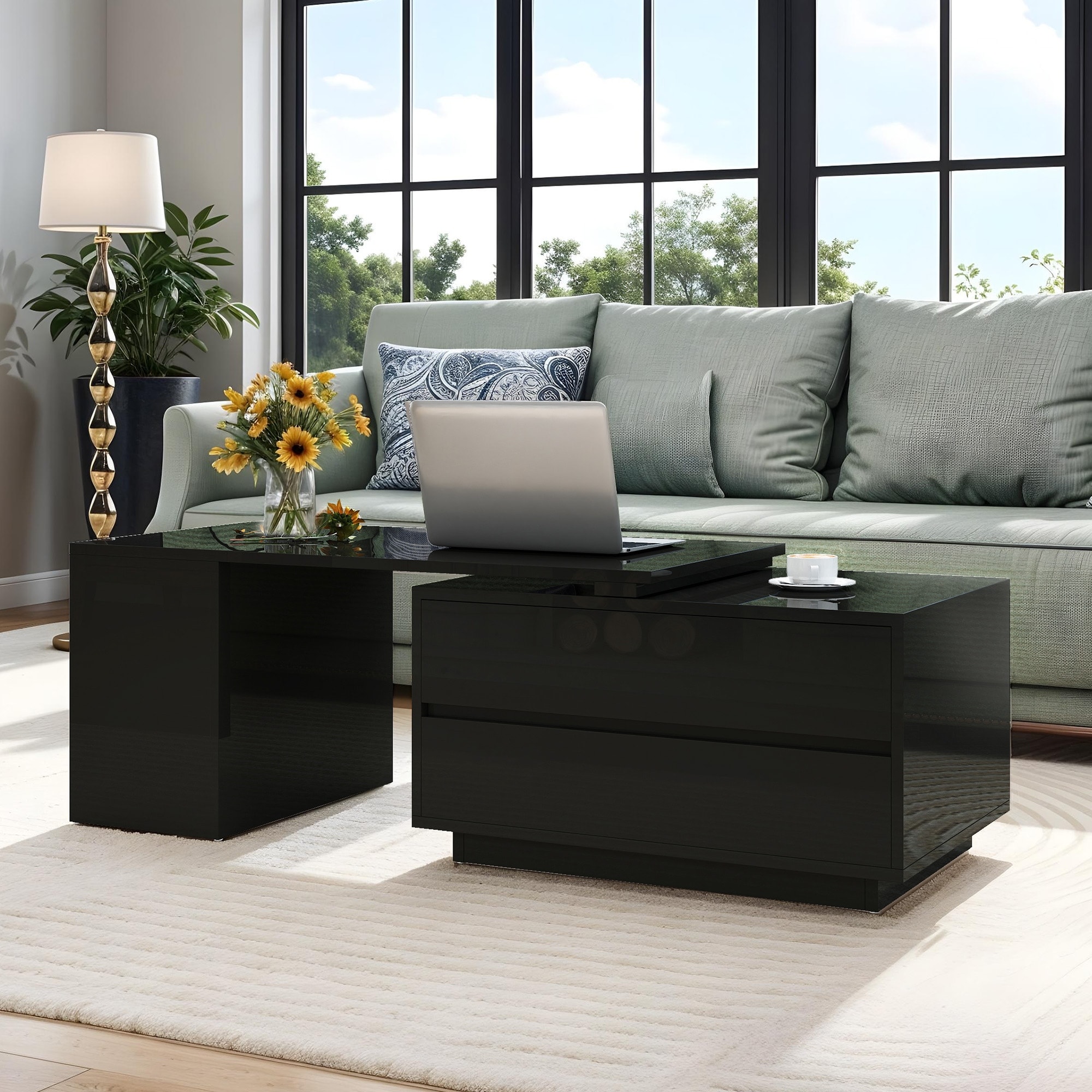 Moasis Modern Convertible Coffee Table w/4 Drawers and Open Shelves, LED Center Table for Living Room