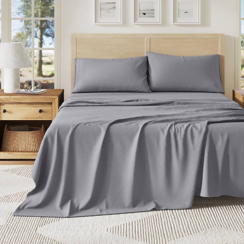 Linery & Co. Heathered Melange Cotton Jersey Knit Sheet Set - King - Heathered Denim Blue