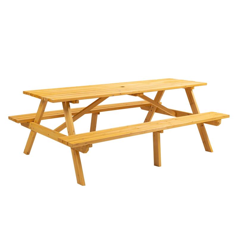 8-Person Outdoor Patio Fir Wood Rectangular Picnic Dining Set with 2 Built-in Benches and Umbrella Hole