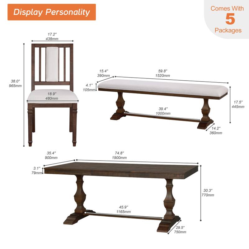 5-pieces Farmhouse Dining Table for 6, 74.8" Kitchen Table Set with 2 Benches and 2 Chairs, Solid Wood Legs and Cushion Seat