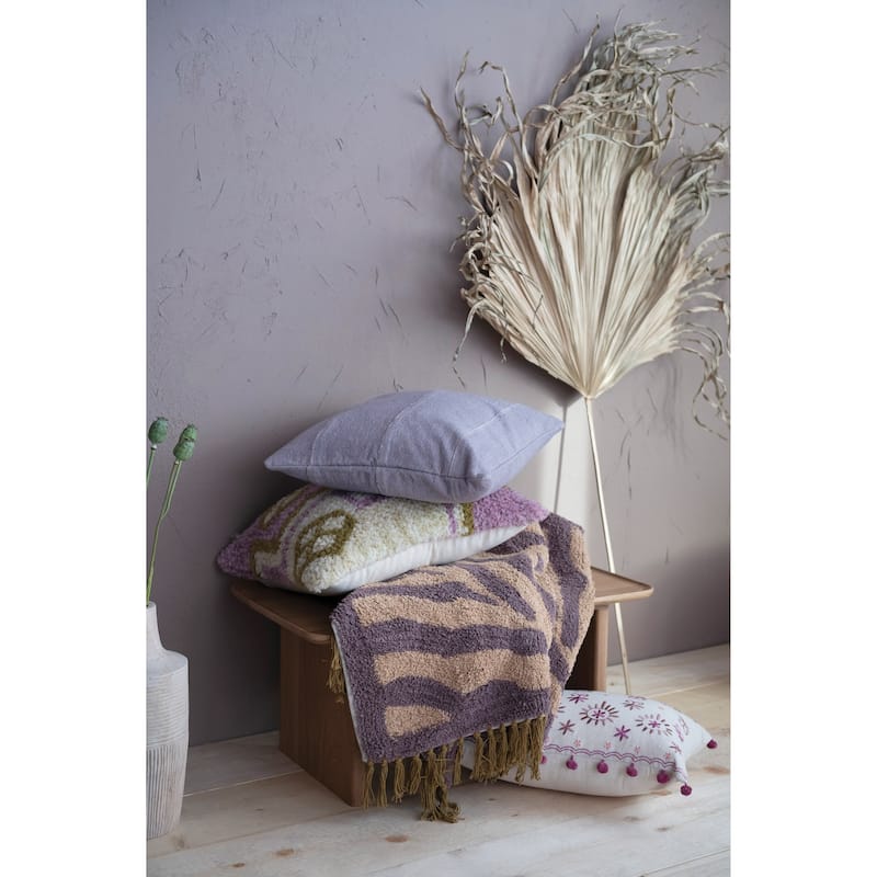 Cotton Linen Lumbar Pillow with Embroidery and Pom Poms