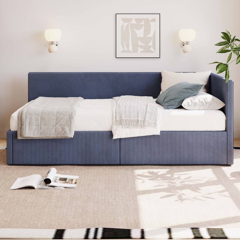Twin Size L Shape Corner Bed, Corduroy Upholstered Daybed with Two Storage Drawers and Vertical Striped Design - Blue