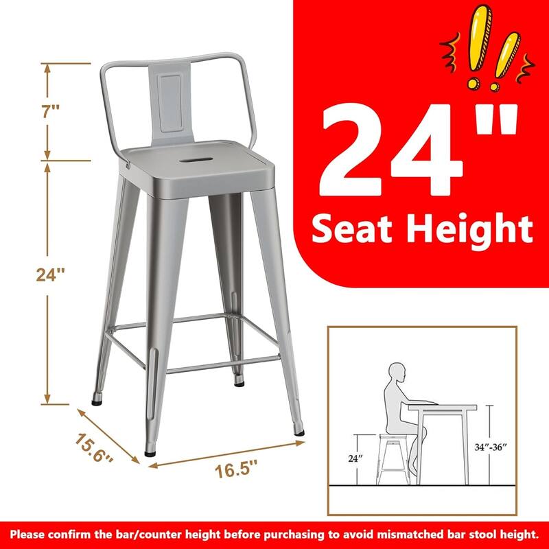 Metal Counter Stools Set of 4 Counter Height Bar Stools 24" Height Barstools with Metal Frame and Low Back