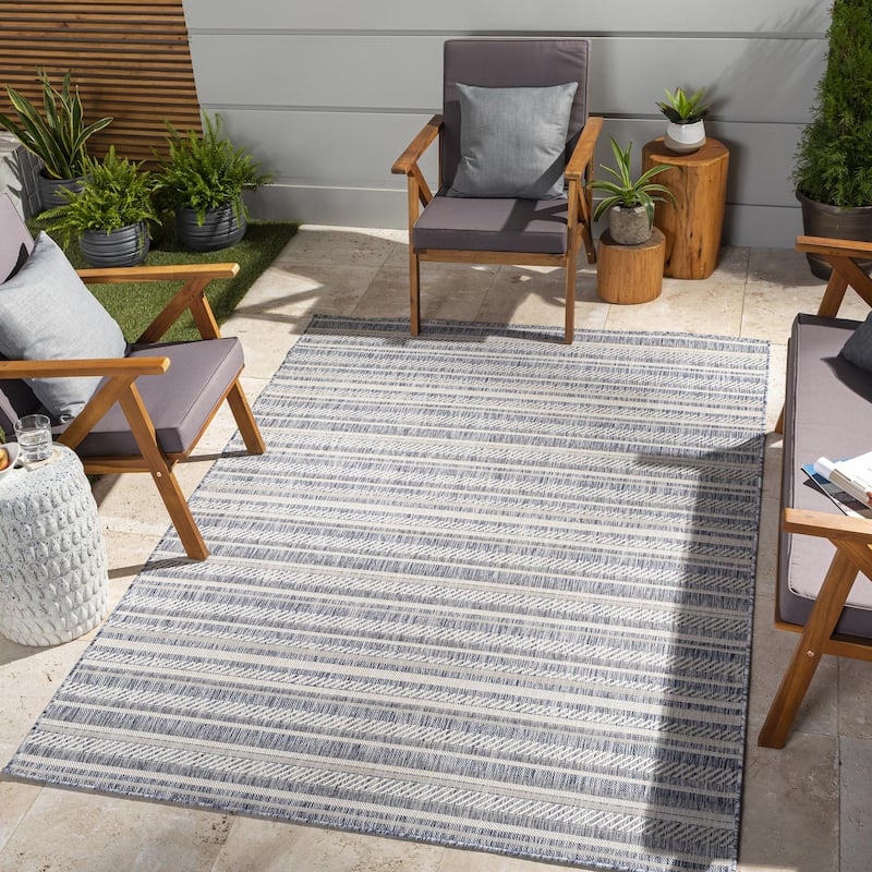 Livabliss Eagean Bohemian Stripe Outdoor Area Rug - Denim - 2' x 2'11"