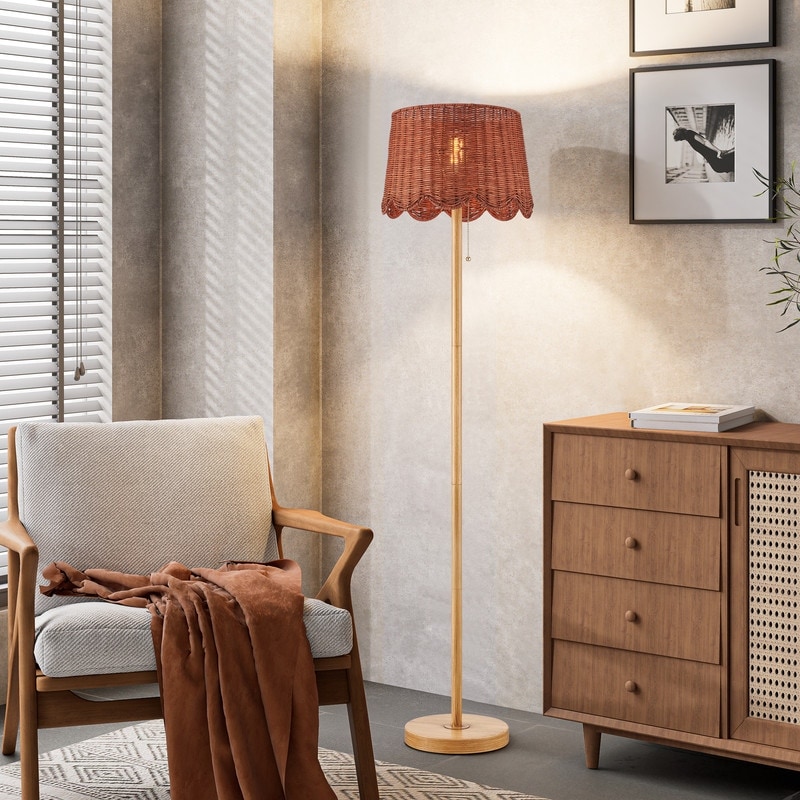 KAWOTI Faux Wood Farmhouse Standard Floor Lamp with Rattan Shade