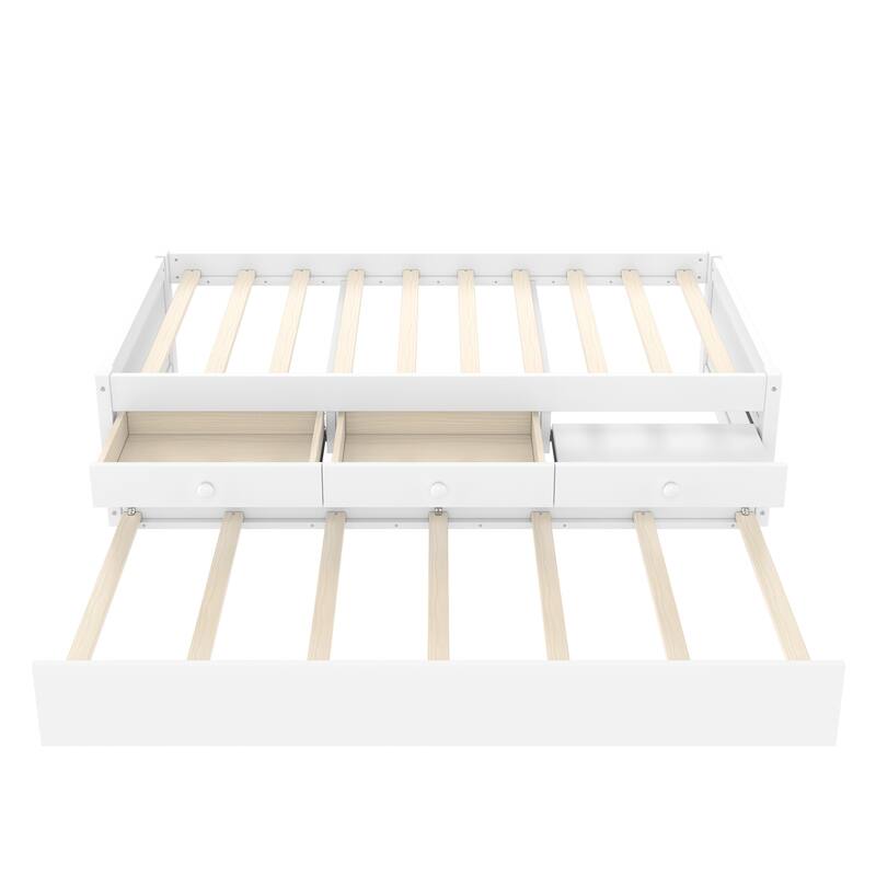 Platform Bed with Pull-out Trundle and Dual Storage Drawers, Built-in Power Strip, Wooden Bed Frame, No Box Spring Needed