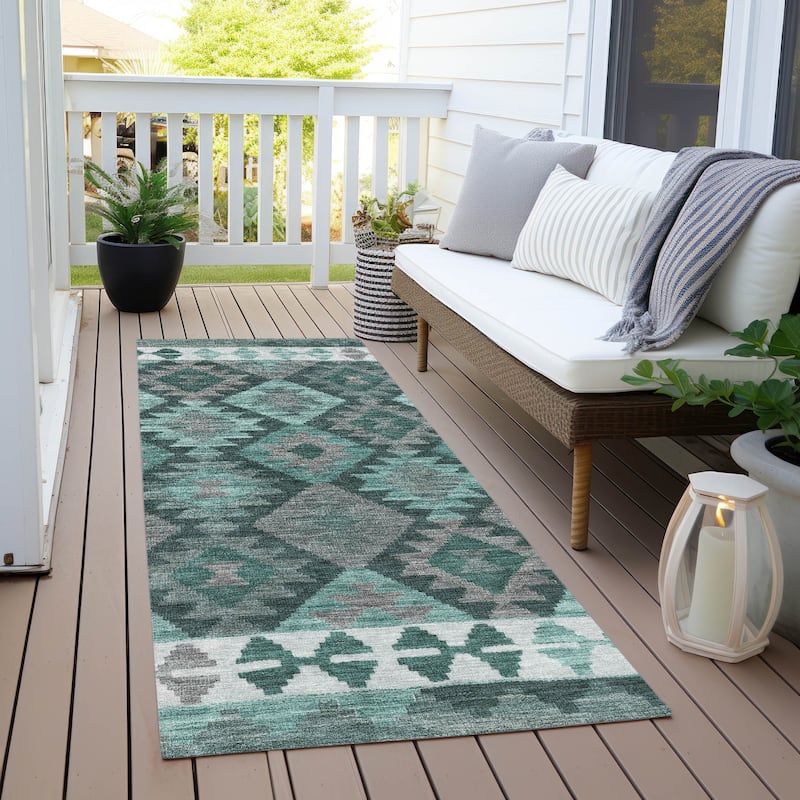 Machine Washable Indoor/ Outdoor Boho Global Chantille Rug - Seafoam - 2'3" x 7'6" - Runner