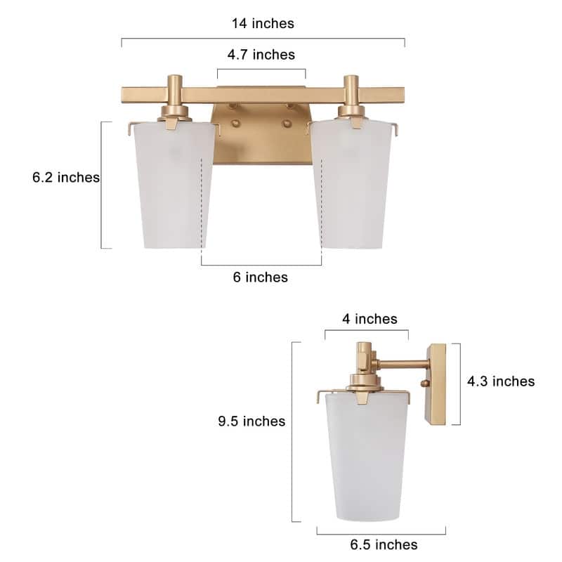 Modern Glam 2-light Bathroom Vanity Lights Mid-century Gold Cone Frosted Glass Wall Sconces - L 14"x W 6.5"x H 9.5"