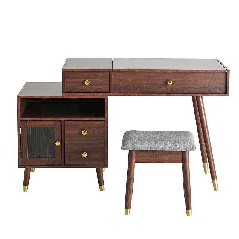3-in-1 Vanity Desk with Lighted Flip-Top Mirror & Retractable Side Cabinet, Vanity Set with Stool & Storage Drawers