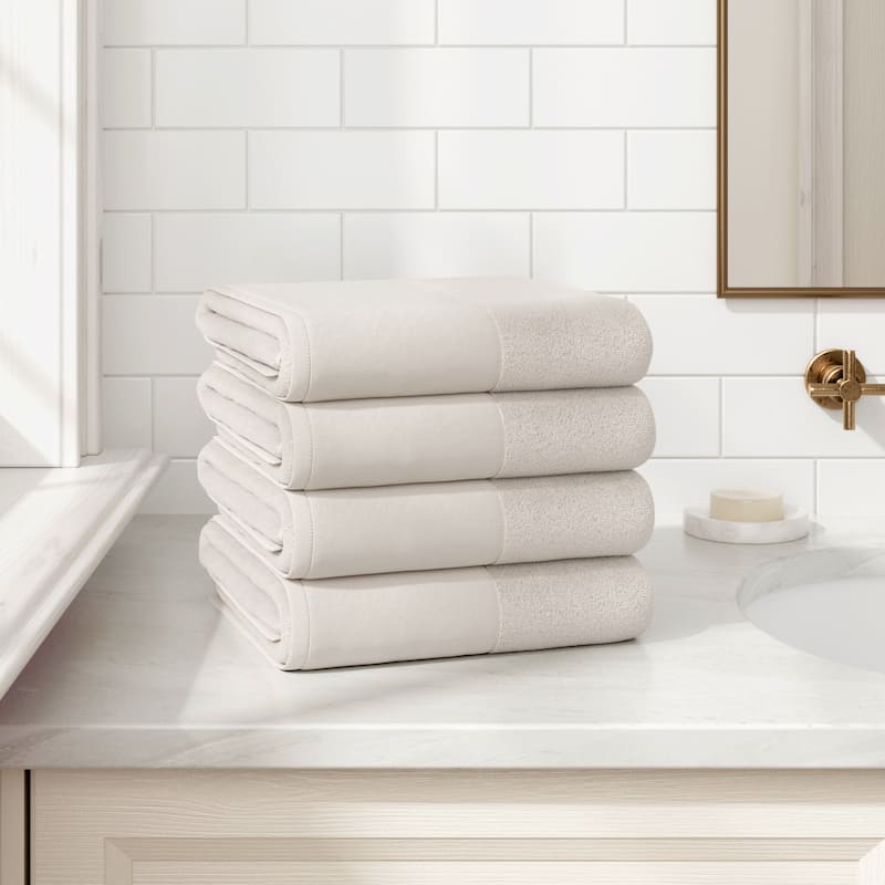 Linery & Co. Ultra-Soft Cotton and Linen Like Border Towel Set - Stone - Bath Towel (Pack of 4)