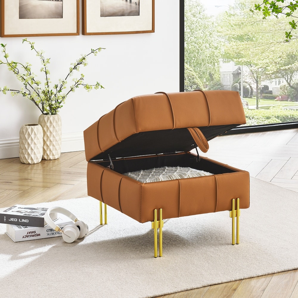 Square Leather Storage Ottoman, Tufted Upholstered Footstool with Flip Top, Entryway Bench with Stainless Steel Legs