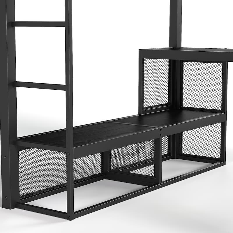Queen Loft Bed with Metal Frame Desk Shelves and Hanging Rod