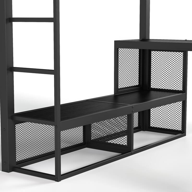 Queen Size Metal Loft Bed with Integrated Desk and Clothes Hanging Rod, Space-Saving Design No Box Spring Needed