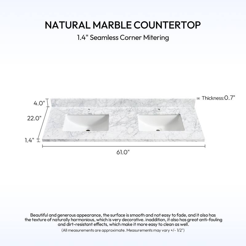 Zevio Natural Marble Vanity Top in Carrara White with Ceramic Sink