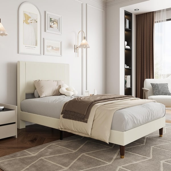 slide 2 of 28, Twin Bed Frame Upholstered Platform Bed with Fabric Headboard, Non-Slip and Noise-Free Beige - Twin