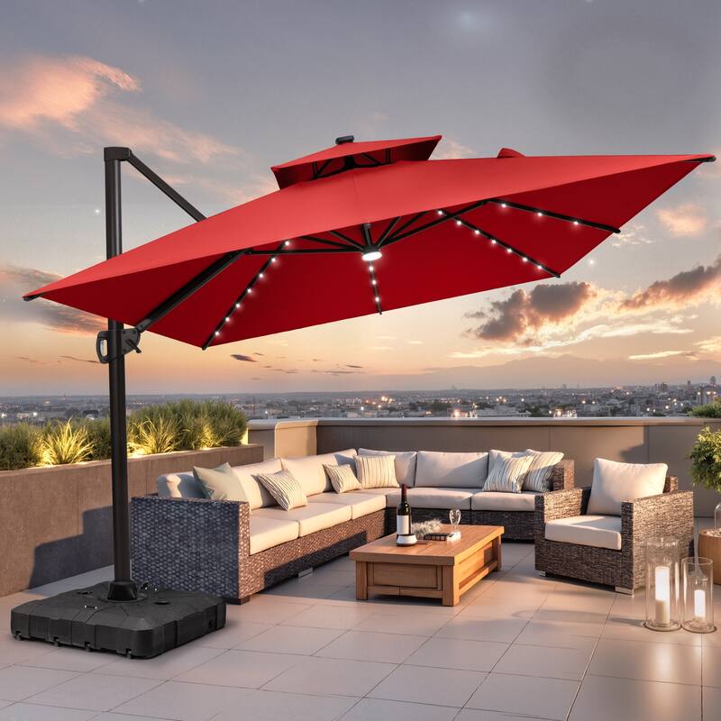 9 X 11 FT Outdoor Patio Cantilever Umbrella with Solar Lights All-Weather Wheeled Base Double Canopy 360 Rotation Tilt - Red