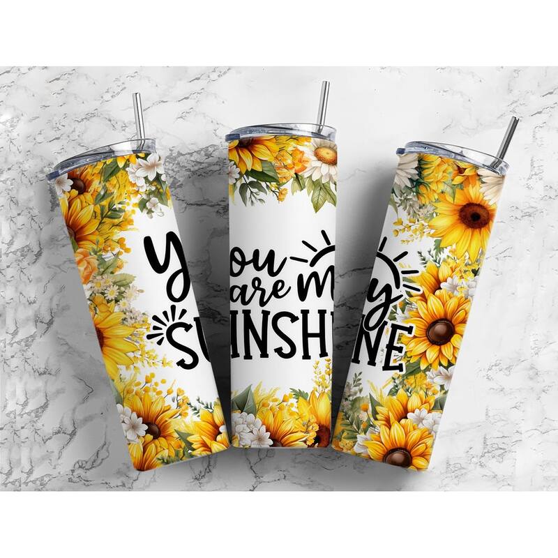 Sunflowers Daisies You Are My Sunshine Country 20 Oz Metal Tumbler w/Lid Straw - Multi