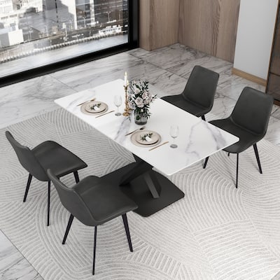 63" Dining Table for 6 with Sintered Stone Tabletop and with X-Shape Carbon Steel Pedestal