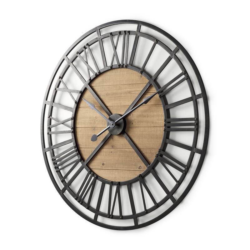 HomeRoots 42" Black And Natural Iron And Wood Analog Round Wall Clock - 42.13 in. x 42.13 in. x 2.56 in.